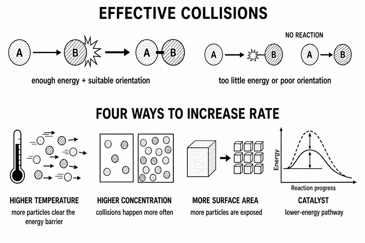 The top row is the collision requirement: a reaction
proceeds only when particles meet with enough energy and a suitable
orientation. The bottom row lists what raises reaction rate, and the
fourth panel is the one that matters for biology. A catalyst does not
add energy and does not change the free-energy difference between
reactants and products;