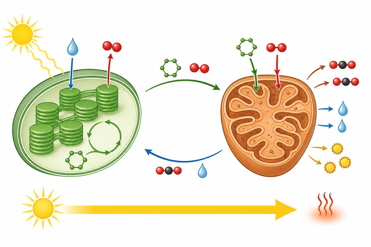 The chloroplast and the mitochondrion are coupled, but they
are not mirror images. Matter cycles between them; energy does not.
Light energy enters once, some is captured in the bonds of sugar, and
the rest of it leaves the system as heat at every transfer.
Photosynthetic plant cells run both organelles. The
sugar-to-mitochondrion arrow summarizes