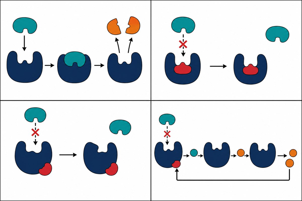 Four regulatory situations. In normal catalysis the
substrate occupies the active site. A competitive inhibitor binds the
active site itself, so added substrate can outcompete it: V-max is
unchanged and apparent K-m rises. In the pure noncompetitive model,
inhibitor binding lowers V-max without changing K-m. Other allosteric
effects can change subs