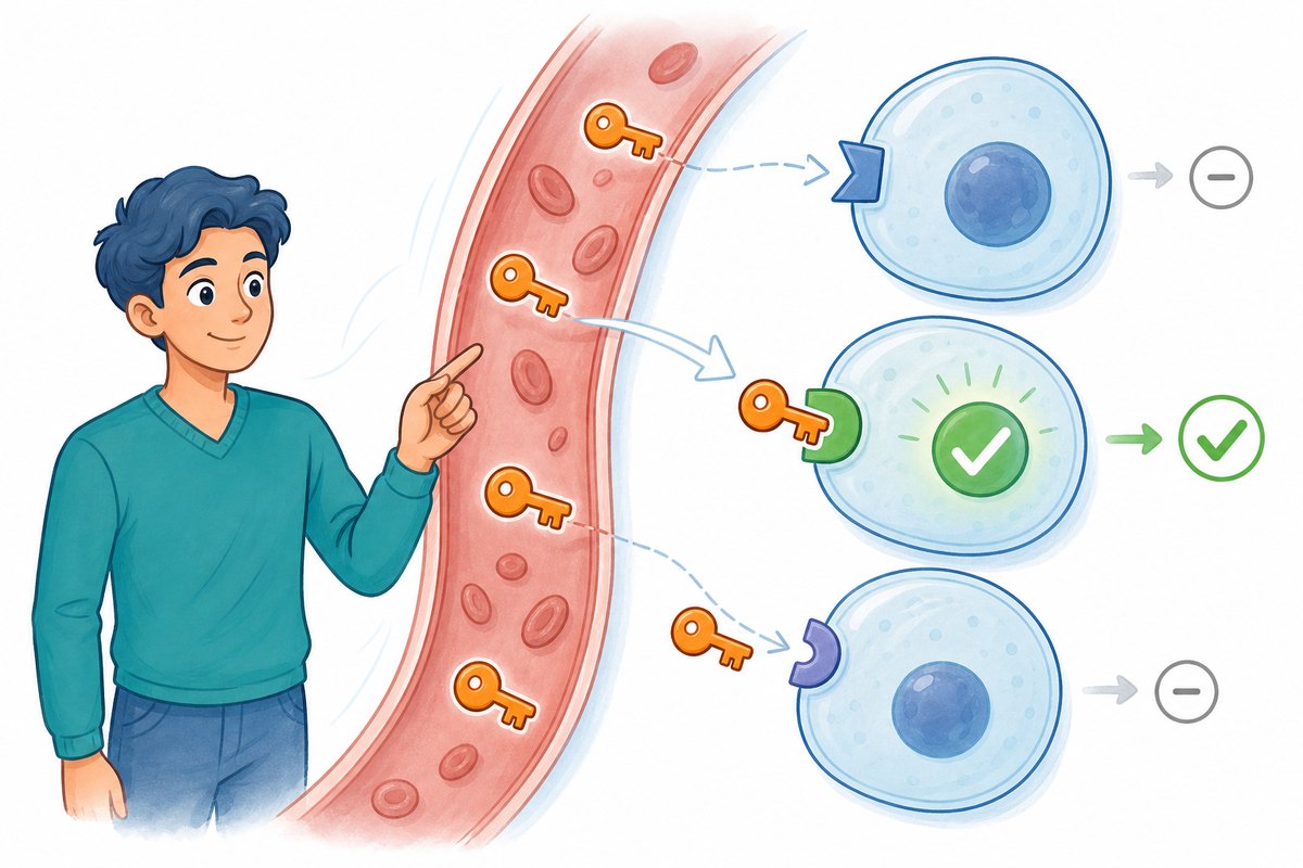 A signal reaches every cell it circulates past, but only
cells carrying the matching receptor respond. That is why one hormone
can produce different effects in different tissues and different
measurable effects in others. If a tissue does not respond, check ligand
exposure, matching receptors, downstream machinery, and what response
was measured.