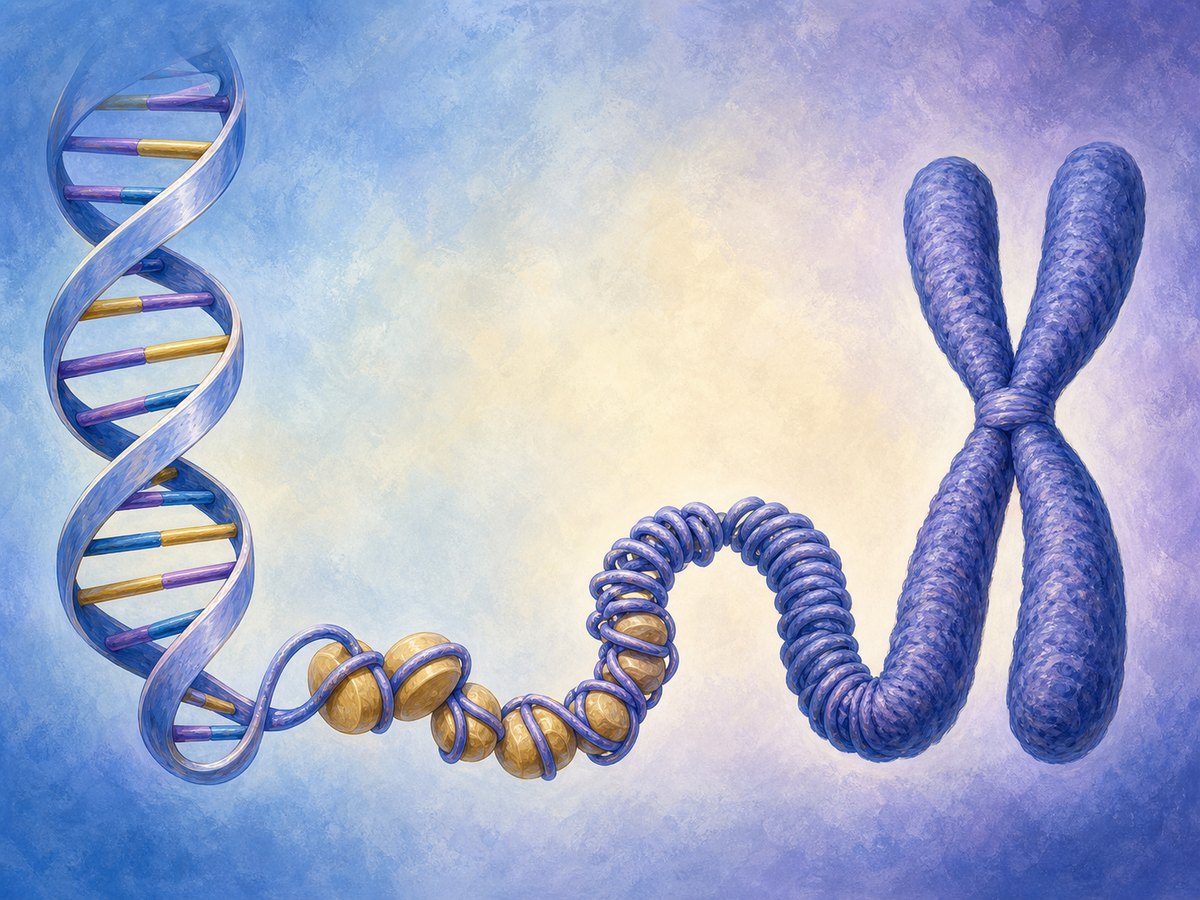 DNA packaging at several scales. A DNA double helix wraps
around histones, and chromatin can condense into a visible chromosome.
The X-shaped chromosome shown is replicated: each sister chromatid
contains its own DNA double helix, so one unreplicated molecule does not
fold into both sisters. Packing level is also regulation: tightly
condensed regio