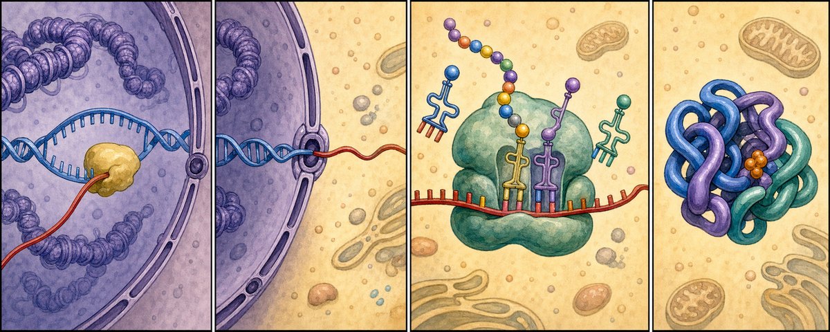Four steps, two compartments. DNA stays in the nucleus,
where transcription copies one gene into mRNA and processing prepares it
for export. Translation happens at a ribosome in the cytoplasm, where
tRNAs deliver amino acids in the order the codons specify. The
polypeptide then folds into the shape that determines its function.
Information moves in