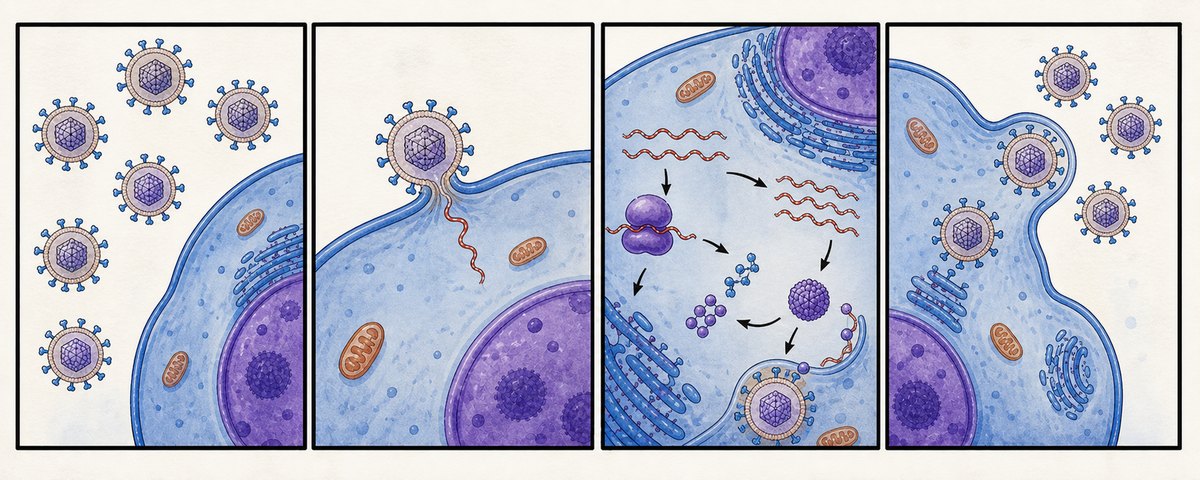 A virus supplies a genome and sometimes enzymes while
depending on host resources and ribosomes. It attaches to a specific
surface receptor, delivers its genome, redirects host ribosomes and
enzymes to make viral components, and new particles assemble and exit.
Attachment is one restriction on host range; compatible intracellular
machinery and evas