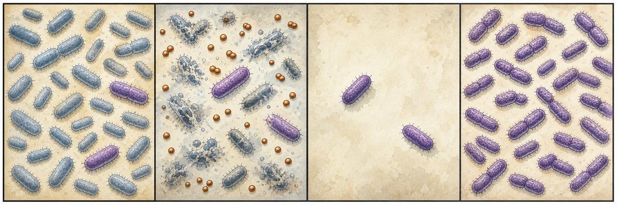 The population, panel by panel. The first panel already
contains both susceptible and resistant cells, before any drug is
applied. The antibiotic kills susceptible cells, the survivors
reproduce, and by the final panel the resistant type dominates. Nothing
in the sequence shows the drug creating the resistance allele, so the sequence supports selec