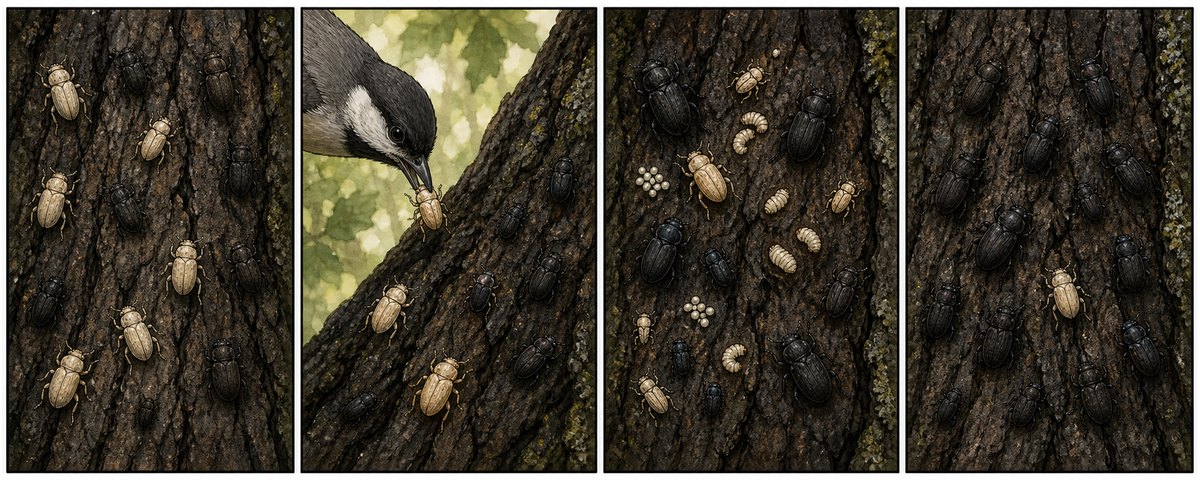 Across the panels the population changes; no individual
does. Predators find the poorly matched individuals more often, those
individuals leave fewer offspring, and the proportion of well-matched
individuals rises in the next generation. Say that the population’s
allele frequencies shifted, never that individuals changed to suit the
background.