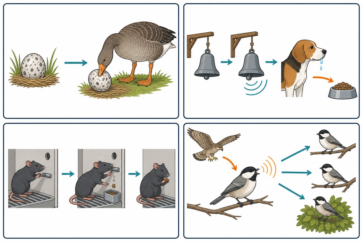 Learning and communication. Imprinting fixes a response
during a narrow window early in life. Classical conditioning links a
neutral stimulus to one that already produces a response. Operant
conditioning changes behavior through its consequences. Communication
transfers information between individuals and can be learned or innate.
All four are subj