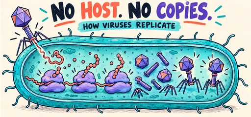 Comic bacteriophage delivers its genome into a bacterial cell; host ribosomes make proteins and viral parts assemble inside, illustrating dependence on a host.