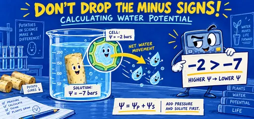 White-pen comic of potato-core water potential: a cell at −2 bars loses water toward solution at −7 bars; compare total pressure plus solute potential.