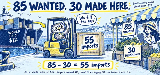 Blue stippled comic of an owl delivering 55 imported units to fill the gap between 85 units demanded and 30 supplied domestically at a world price of 12 dollars in the small-country model.