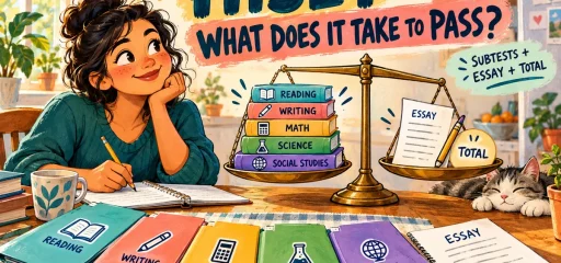 An adult learner reviews five HiSET subjects, the essay and total score.