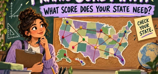A future teacher checks a state-map pinboard for Praxis Core Math requirements.