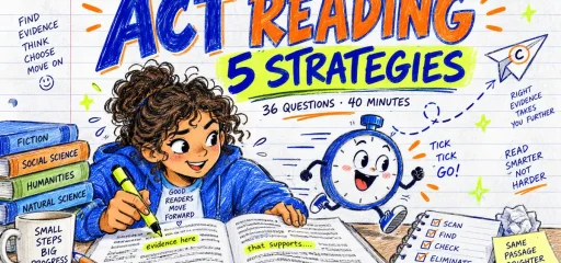 Colored-pencil ACT Reading comic showing a student finding passage evidence beside a playful stopwatch.