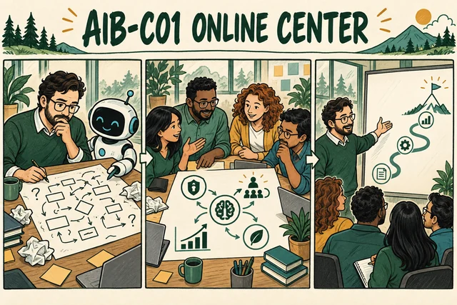 AIB-C01 Online Center. An original illustrated scene showing business professionals and a friendly AI assistant planning an AI project.