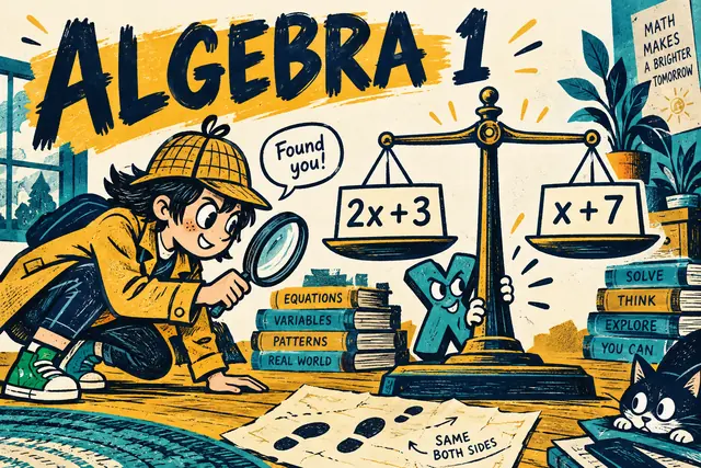 A student detective finds x beside an equation balance scale.