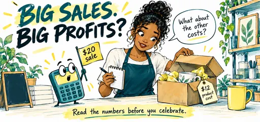 Teal ink and yellow watercolor comic of a shop owner asking about other costs while a surprised calculator compares a 20-dollar sale with a 12-dollar product cost.