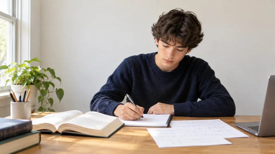 High-school student reviewing CLT reading and study materials