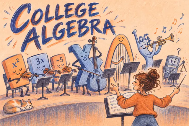 College Algebra in colored-pencil comic lettering above a student conducting a playful orchestra of algebra symbols.