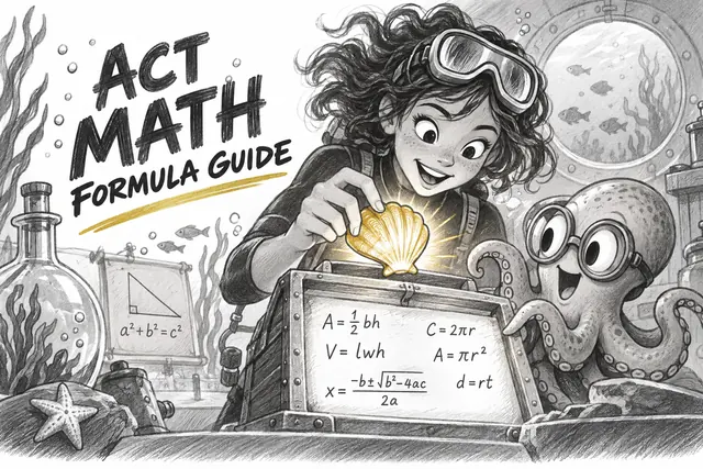 ACT MATH FORMULA GUIDE — original handwritten comic illustration.