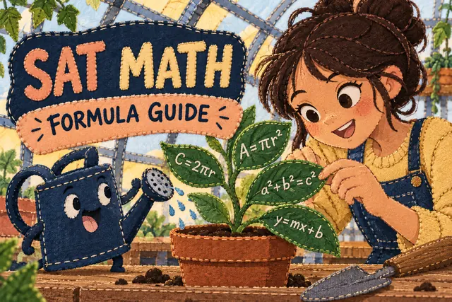 SAT MATH FORMULA GUIDE — original handwritten comic illustration.