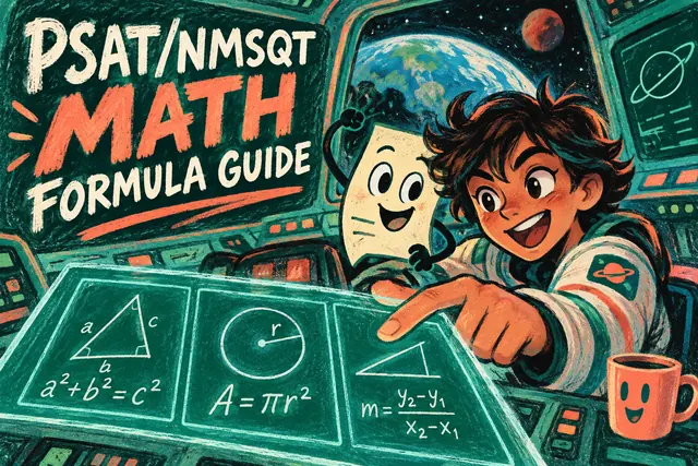 PSAT/NMSQT MATH FORMULA GUIDE — original handwritten comic illustration.