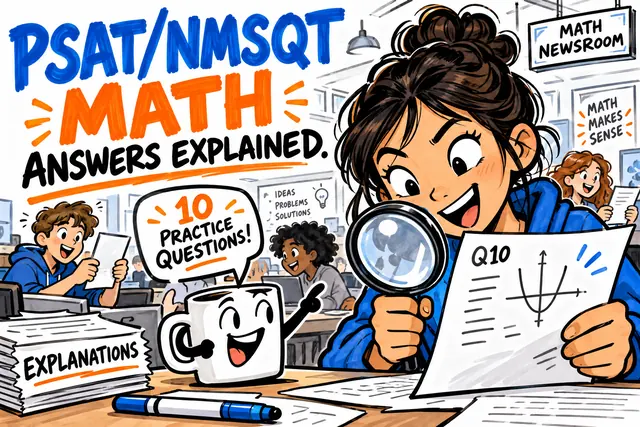 PSAT/NMSQT MATH ANSWERS EXPLAINED — original handwritten comic illustration.