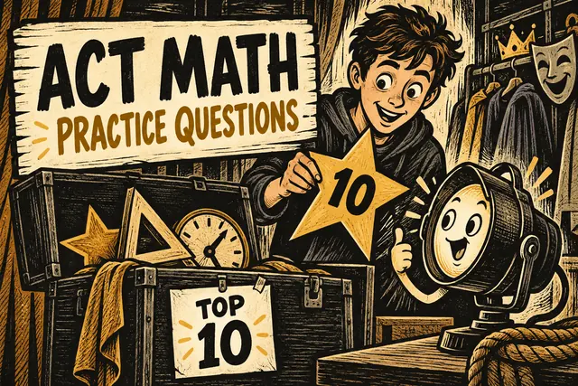 ACT MATH PRACTICE QUESTIONS — original handwritten comic illustration.