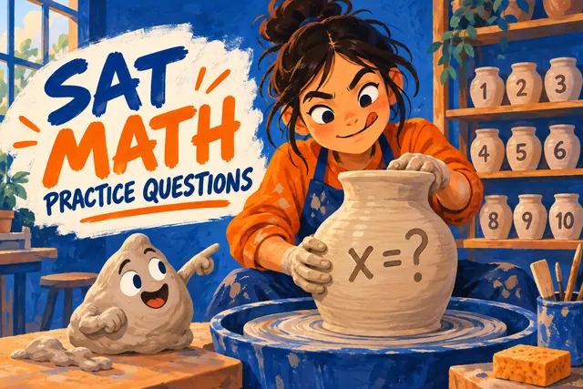 SAT MATH PRACTICE QUESTIONS — original handwritten comic illustration.