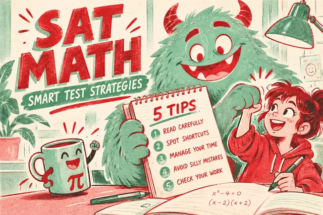 SAT MATH SMART TEST STRATEGIES — original handwritten comic illustration.
