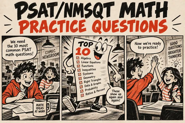 PSAT/NMSQT MATH PRACTICE QUESTIONS — original handwritten comic illustration.