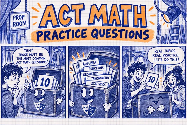 ACT MATH PRACTICE QUESTIONS — original handwritten comic illustration.