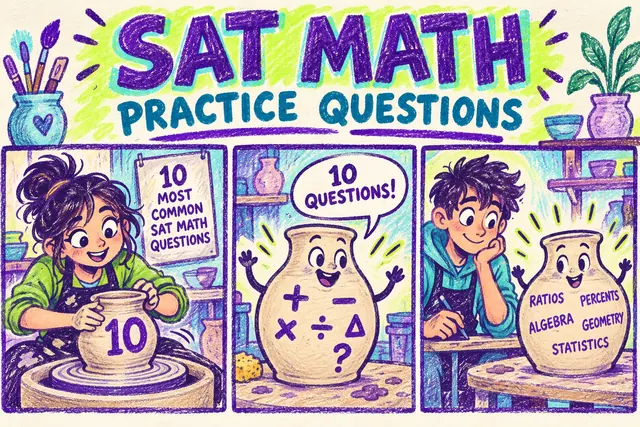 SAT MATH PRACTICE QUESTIONS — original handwritten comic illustration.