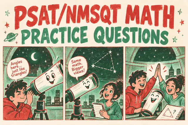 PSAT/NMSQT MATH PRACTICE QUESTIONS — original handwritten comic illustration.