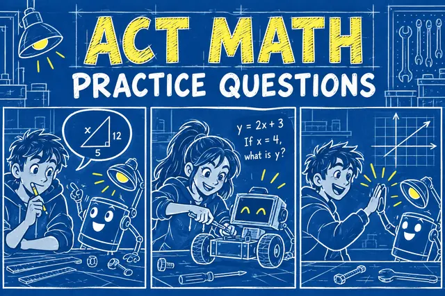 ACT MATH PRACTICE QUESTIONS — original handwritten comic illustration.