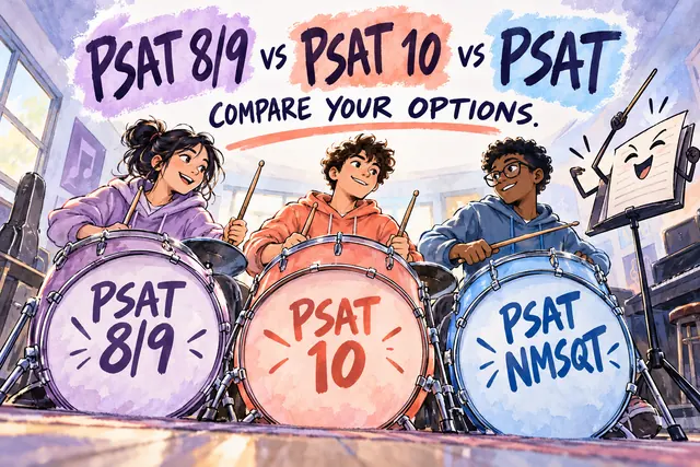 PSAT 8/9 vs PSAT 10 vs PSAT COMPARE YOUR OPTIONS — original handwritten comic illustration.