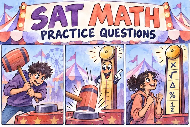 SAT MATH PRACTICE QUESTIONS — original handwritten comic illustration.
