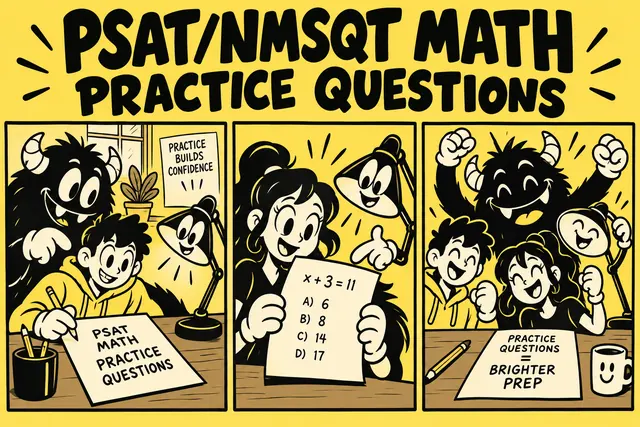 PSAT/NMSQT MATH PRACTICE QUESTIONS — original handwritten comic illustration.