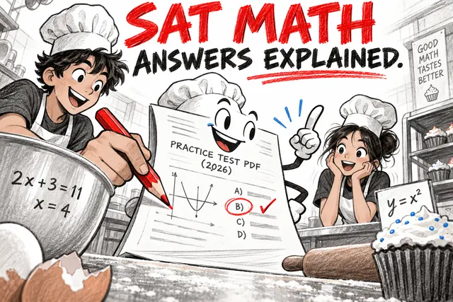 SAT MATH ANSWERS EXPLAINED — original handwritten comic illustration.