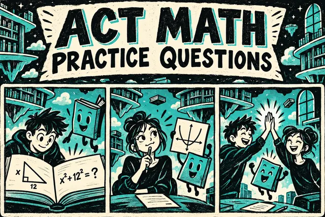 ACT MATH PRACTICE QUESTIONS — original handwritten comic illustration.