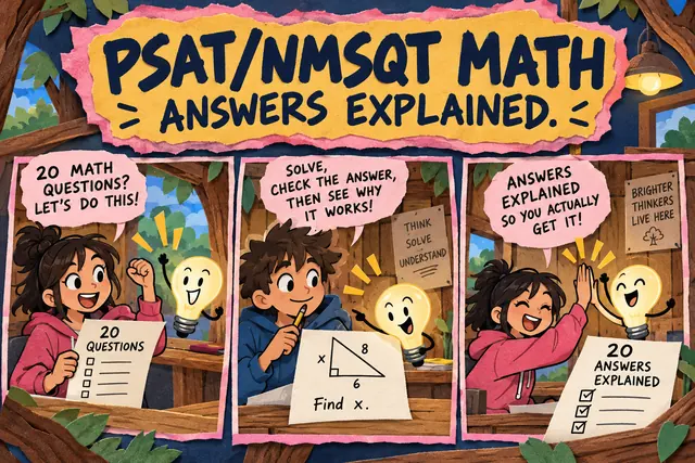 PSAT/NMSQT MATH ANSWERS EXPLAINED — original handwritten comic illustration.