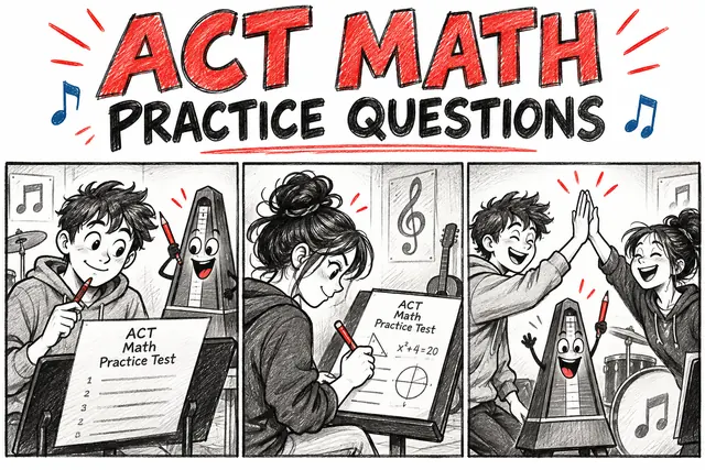 ACT MATH PRACTICE QUESTIONS — original handwritten comic illustration.