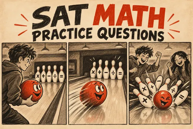 SAT MATH PRACTICE QUESTIONS — original handwritten comic illustration.