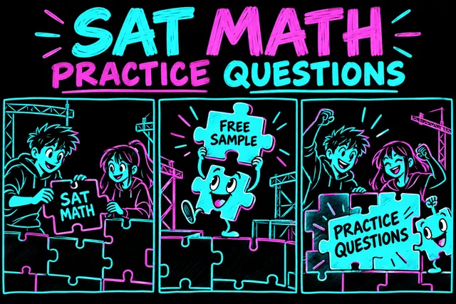 SAT MATH PRACTICE QUESTIONS — original handwritten comic illustration.