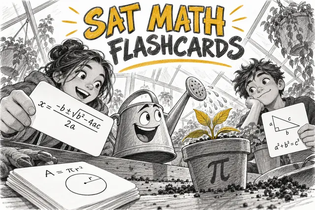 SAT MATH FLASHCARDS — original handwritten comic illustration.