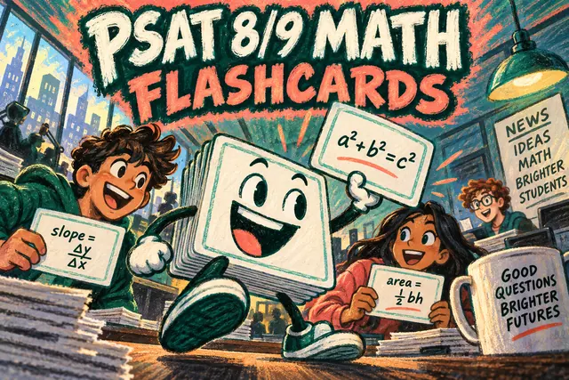 PSAT 8/9 MATH FLASHCARDS — original handwritten comic illustration.