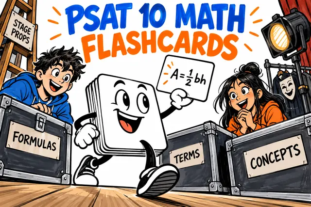 PSAT 10 MATH FLASHCARDS — original handwritten comic illustration.