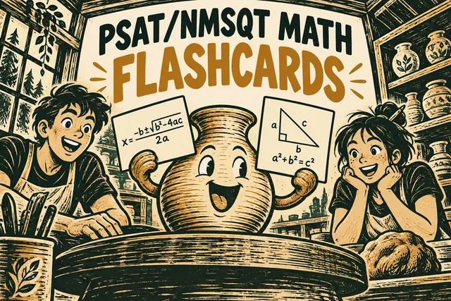 PSAT/NMSQT MATH FLASHCARDS — original handwritten comic illustration.