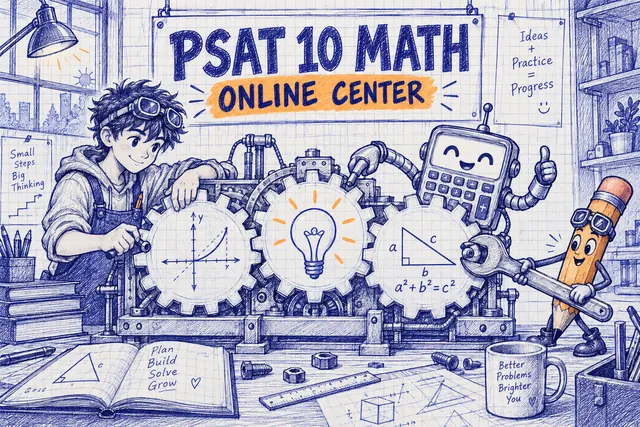 PSAT 10 MATH ONLINE CENTER — original handwritten comic illustration.