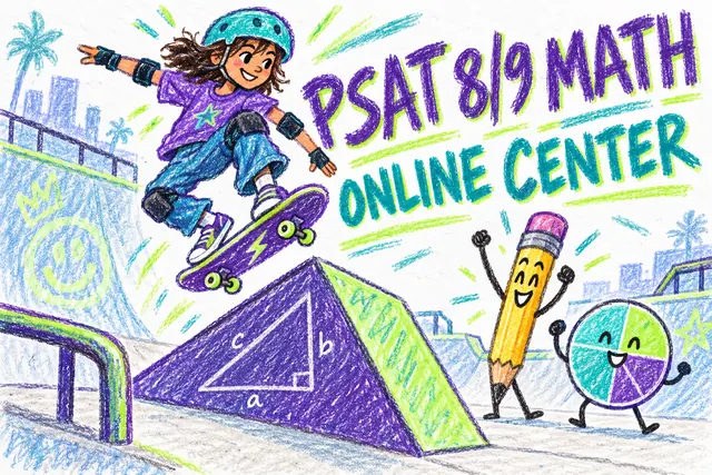 PSAT 8/9 MATH ONLINE CENTER — original handwritten comic illustration.
