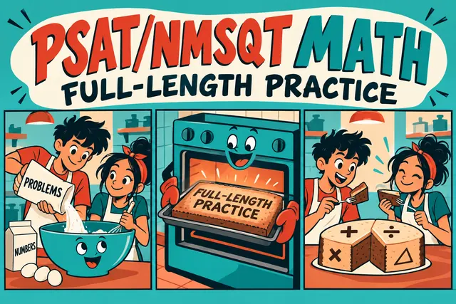 PSAT/NMSQT MATH FULL-LENGTH PRACTICE — original handwritten comic illustration.