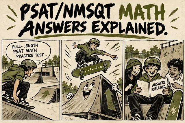 PSAT/NMSQT MATH ANSWERS EXPLAINED — original handwritten comic illustration.